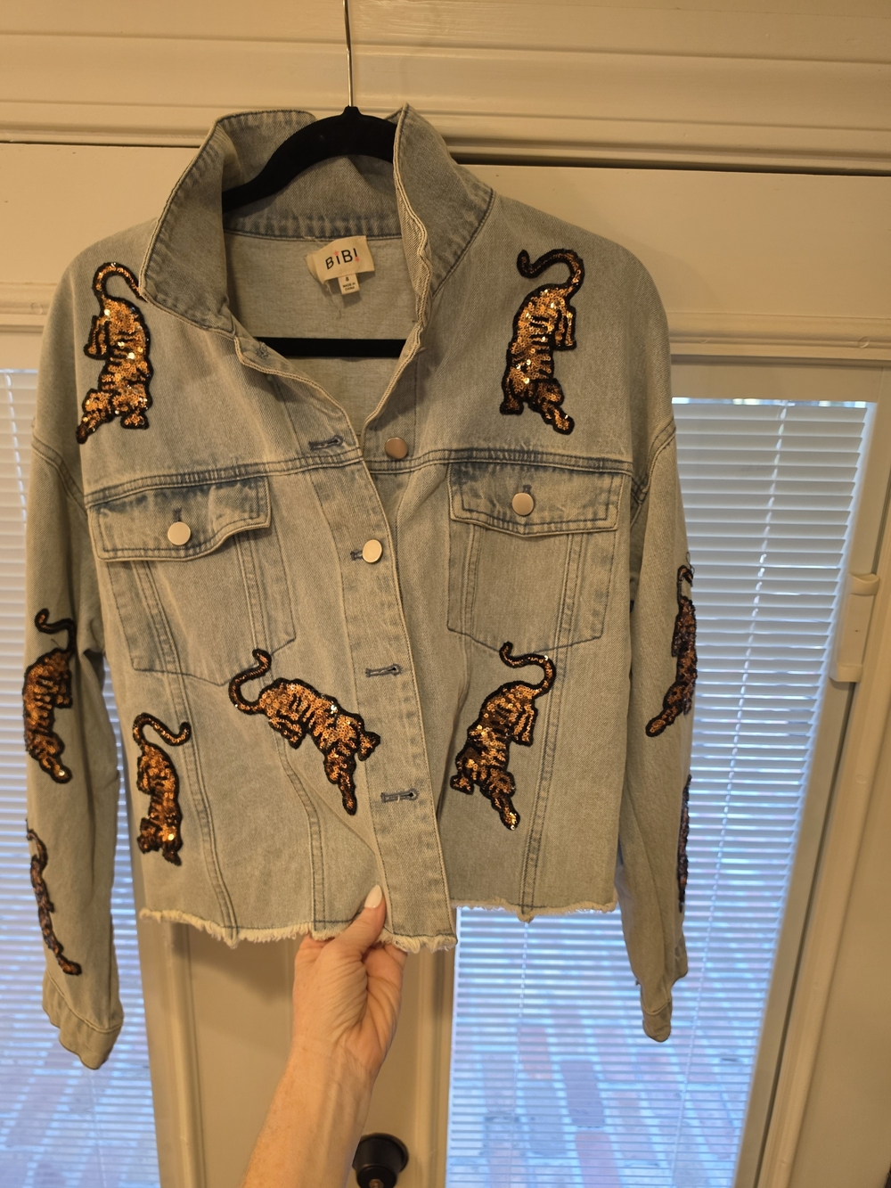 Bibi Light Blue Embellished Sequin Tiger Denim Jacket - Picture 2 of 5